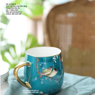 TÁCH TRÀ CHIM HOA VIỀN VÀNG PHONG CÁCH BẮC ÂU